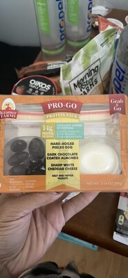 Hard-Cooked Peeled Eggs, Colby Jack Cheese, Dark Chocolate Coated Almonds Pro-Go Protein Pack, Hard-Cooked Peeled Eggs, Colby Jack Cheese, Dark Chocolate Coated Almonds