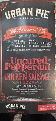 Uncured Pepperoni & Sliced Chicken Sausage Zesty Marinara Sauce, Romano, Parmesan, Mozzarella, Provolone, Crimini Mushrooms, Green Peppers, Tomatoes, Basil, Onions Thin Artisan Crust Pizza, Uncured Pepperoni & Sliced Chicken Sausage