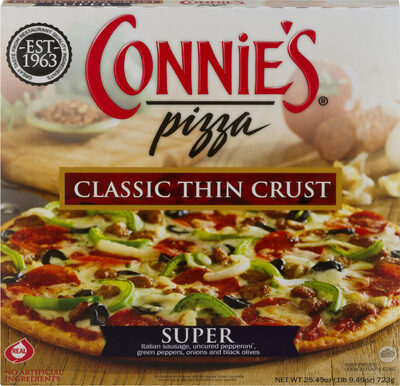 Classic Thin Crust Italian Sausage, Uncured Pepperoni, Green Peppers, Onions & Black Olives Super Pizza, Classic Thin