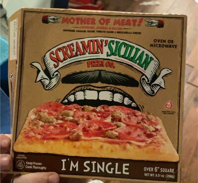 Mother Of Meat! Pepperoni, Sausage & Bacon Pepperoni, Sausage, Bacon, Tomato Sauce & Mozzarella Cheese I'M Single Pizza, Mother Of Meat!