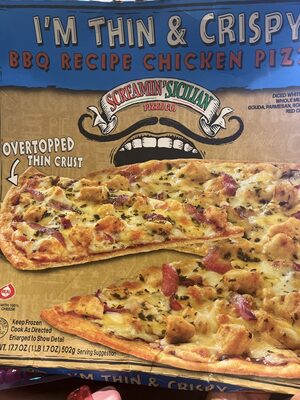 BBQ Recipe Chicken Diced Chicken Whole Milk Mozzarella Gouda, Parmesan, Romano Cheeses Red Onion, Cilantro BBQ Sauce Thin Crust Pizza, BBQ Recipe Chicken
