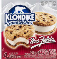 Mrs. Fields Frozen Vanilla Dairy Dessert Between Two Mrs. Fields Chocolate Chip Cookies Sandwiches, Mrs. Fields