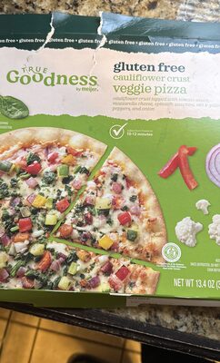 Veggie Cauliflower Crust Pizza Topped With Tomato Sauce, Mozzarella Cheese, Spinach, Zucchini, Red & Yellow Peppers And Onion, Veggie