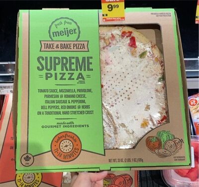 Supreme Tomato Sauce, Mozzarella, Provolone, Parmesan And Romano Cheese, Italian Sausage & Pepperoni, Bell Peppers, Red Onions And Herbs On A Traditional Hand Stretched Crust Take & Bake Pizza, Supreme