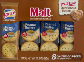 Lance Sandwich Crackers, Malt with Peanut Butter, 8 Individually Wrapped Packs, 6 Sandwiches Each