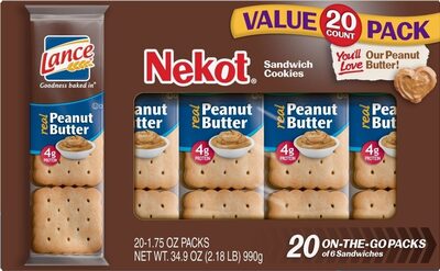 Lance Sandwich Cookies, Nekot Peanut Butter, 20 Individually Wrapped Packs, 6 Sandwiches Each