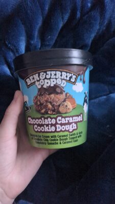 Chocolate Caramel Cookie Dough Chocolate Ice Cream With Caramel Swirls & Gobs Of Chocolate Chip Cookie Dough Topped With Chocolatey Ganache & Caramel Cups, Chocolate Caramel Cookie Dough