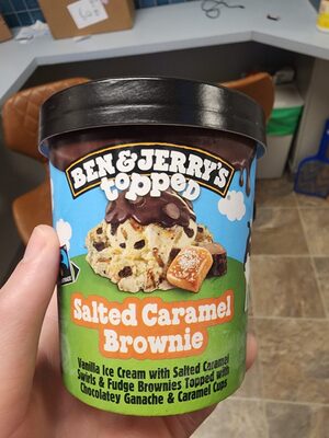 Salted Caramel Brownie Vanilla Ice Cream With Salted Caramel Swirls & Fudge Brownies Topped With Chocolatey Ganache & Caramel Cups, Salted Caramel Brownie