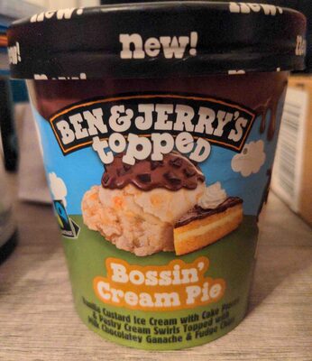 Bossin' Cream Pie Topped Vanilla Custard Ice Cream With Cake Pieces & Pastry Cream Swirls Topped With Milk Chocolatey Ganache & Fudge Chips, Bossin' Cream Pie