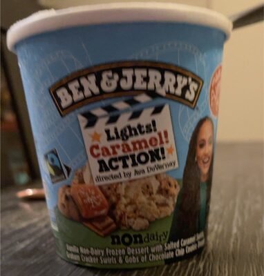 Lights, Caramel, Action! Vanilla Non-Dairy Frozen Dessert With Salted Caramel Swirls, Graham Cracker Swirls & Gobs Of Chocolate Chip Cookie Dough, Lights, Caramel, Action!