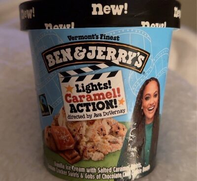 Lights! Caramel! Action! Vanilla Ice Cream With Salted Caramel Swirls, Graham Cracker Swirls & Gobs Of Chocolate Chip Cookie Dough, Lights! Caramel! Action!