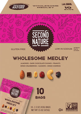 Wholesome Roasted Almonds, Dark Chocolate Chunks, Roasted Peanuts, Dried Cranberries, Roasted Cashews, Dried Cherries Medley, Wholesome