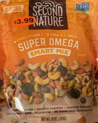 Super Omega Roasted Almonds, Roasted Cashews, Roasted Pistachios, Raw Walnuts, Dried Bing Cherries, No Sugar Dark Chocolaty Drops Smart Mix, Super Omega