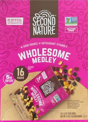 Almonds, Dark Chocolate Chunks, Peanuts Dried Cranberries, Cashews, Dried Cherries Wholesome Medley, Almonds, Dark Chocolate Chunks, Peanuts Dried Cranberries, Cashews, Dried Cherries