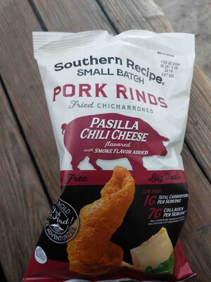 Pasilla Chili Cheese Flavored Pork Rinds Fried In Sunflower Oil, Pasilla Chili Cheese