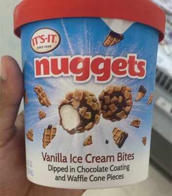 Vanilla Ice Cream Bites Dipped In Chocolate Coating And Waffle Cone Pieces Nuggets, Vanilla