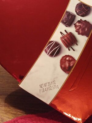 Assorted Milk & Dark Chocolates, Caramel; Peanut Cluster; Truffle; Nut Caramel; Strawberry Crme; Vanilla Crme, Toffee, Pecan Delight, Chocolate Butter Cream, Cashew Cluster, Raspberry Crme, Almond Cluster