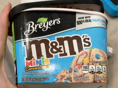 Caramel Fudge Light Ice Cream With Fudge Swirl And M&M's Minis Candies, Caramel Fudge