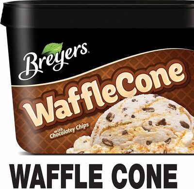 Waffle Cone With Chocolatey Chips Vanilla Flavor, Fudge Covered Waffle Cone Pieces, Caramel Swirl And Chocolatey Chips Frozen Dairy Dessert, Waffle Cone With Chocolatey Chips