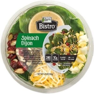 Spinach Dijon Baby Spinach, Hard- Boiled Egg, Almonds, Dried Cranberries, Jack-Colby Cheese With Crispy Noodles, Sweet Onion Dijon Vinaigrette, Spinach Dijon
