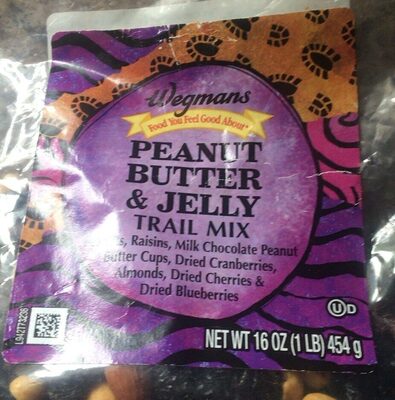 Peanuts, Raisins, Milk Chocolate Peanut Butter Cups, Dried Cranberries, Almonds, Dried Cherries & Dried Blueberries Trail Mix, Peanut Butter & Jelly