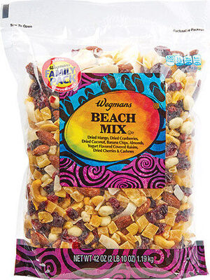 Beach Mix Dried Mango, Dried Cranberries, Banana Chips, Dried Coconut, Almonds, Yogurt Flavored Raisins, Dried Cherries & Cashews, Beach Mix