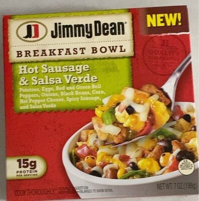 Hot Sausage & Salsa Verde Potatoes, Eggs, Red And Green Bell Peppers, Onions, Black Beans, Corn, Hot Pepper Cheese, Spicy Sausage, And Salsa Verde Breakfast Bowl, Hot Sausage & Salsa Verde