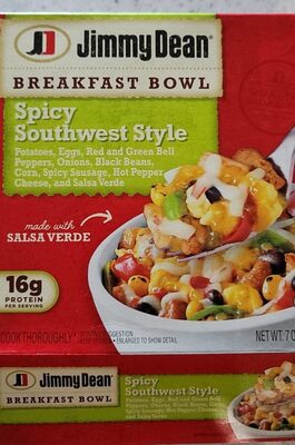 Spicy Southwest Style Potatoes, Eggs, Red And Green Bell Peppers, Onions, Black Beans, Corn, Spicy Sausage, Hot Pepper Cheese, And Salsa Verde Breakfast Bowl, Spicy Southwest Style