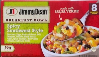 Spicy Southwest Style Potatoes, Eggs, Red And Green Bell Peppers, Onions, Black Beans, Corn, Spicy Sausage, Hot Pepper Cheese, And Salsa Verde Breakfast Bowl, Spicy Southwest Style