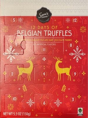 12 Days Of Belgian Trufles Assorted Filled Belgin Milk And Dark Chocolate Figures, Dark Chocolate Santa With Hazelnut Filling, Dark Chocolate Moose With Caramel Filling, Milk Chocolate Tree With Hazelnut And Popping Candy Filling, Milk Chocolate Moose Wit