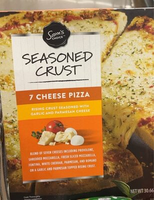 7 Cheese Blend Of Seven Cheeses Including Provolone, Shredded Mozzarella, Fresh Sliced Mozzarella, Fontina, White Cheddar, Parmesan, And Romano On A Garlic And Parmesan Topped Rising Crust Seasoned Crust Pizza, 7 Cheese