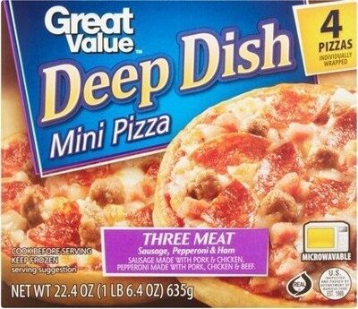 Three Meat Sausage, Pepperoni & Ham Deep Dish Mini Pizza, Three Meat