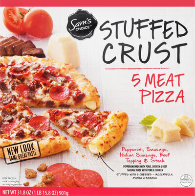 5 Meat Pepperoni, Sausage, Italian Sausage, Beef Topping And Steak Pepperoni Made With Pork, Chicken And Beef, Sausage Made With Pork And Chicken Crust Stuffed With 3 Cheeses - Mozzarella, Asiago, And Romano Pizza, 5 Meat