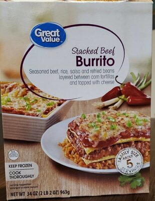 Stacked Beef Seasoned Beef, Rice, Salsa And Refried Beans Layered Between Corn Tortillas And Topped With Cheese Burrito, Stacked Beef