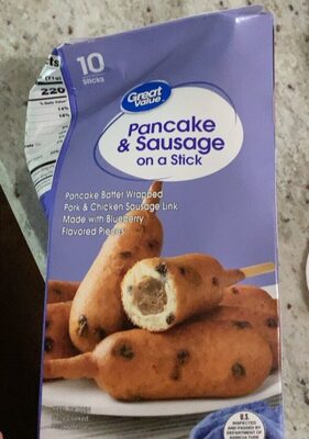 Pancake & Sausage Pancake Batter Wrapped Pork & Chicken Sausage Link Made With Blueberry Flavored Pieces On A Stick, Pancake & Sausage