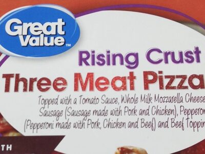 Three Meat Topped With Tomato Sauce, Whole Milk Mozzarella Cheese, Sausage (Sausage Made With Pork And Chicken), Pepperoni (Pepperoni Made With Pork, Chicken And Beef) And Beef Pizza Topping Rising Crust Pizza, Three Meat