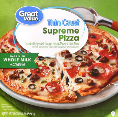 Supreme Thin Crust Pizza Topped With Pepperoni Sausage, Peppers, Onions & Black Olives, Supreme
