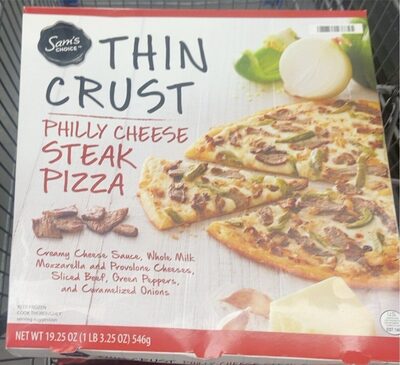 Philly Cheese Steak Creamy Cheese Sauce, Whole Milk Mozzarella And Provolone Cheeses, Sliced Beef, Green Peppers, And Caramelized Onions Thin Crust Pizza, Philly Cheese Steak