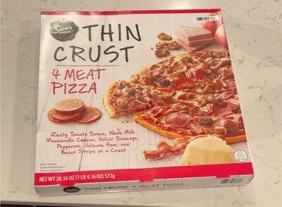 4 Meat Zesty Tomato Sauce, Whole Milk Mozzarella, Italian Sausage, Pepperoni, Julienne Ham, And Bacon Strips On A Crust Thin Crust Pizza, 4 Meat