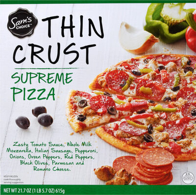 Supreme Zesty Tomato Sauce, Whole Milk Mozzarella, Italian Sausage, Pepperoni, Onions, Green Peppers, Red Peppers, Black Olives, Parmesan And Romano Cheese Thin Crust Pizza, Supreme