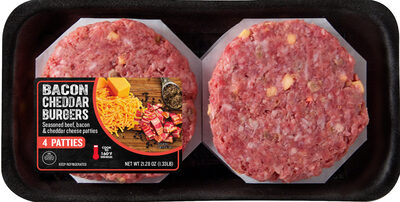 Bacon Cheddar Burgers Seasoned Beef, Bacon & Cheddar Cheese Patties, Bacon Cheddar Burgers