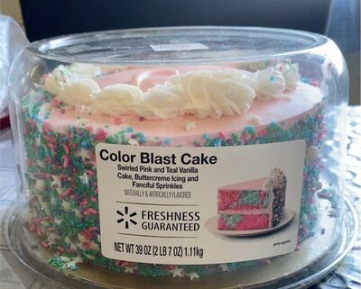 Swirled Pink And Teal Vanilla Cake, Buttercreme Icing And Fanciful Sprinkles Flavored Color Blast Cake, Swirled Pink And Teal Vanilla Cake, Buttercreme Icing And Fanciful Sprinkles