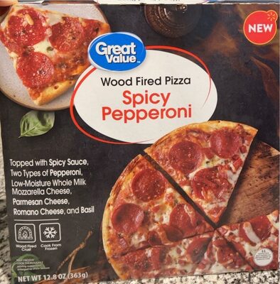 Spicy Pepperoni Topped With Spicy Sauce, Two Types Of Pepperoni, Low-Moisture Whole Milk Mozzarella Cheese, Parmesan Cheese, Romano Cheese, And Basil Wood Fried Pizza, Spicy Pepperoni