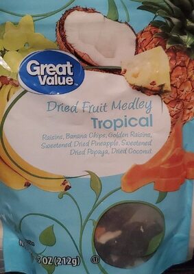 Tropical Raisins, Sweetened Banana Chips, Gold Raisins, Sweetened Dried Pineapple Sweetened Dried Papaya & Dried Coconut Dried Fruit Medley, Tropical