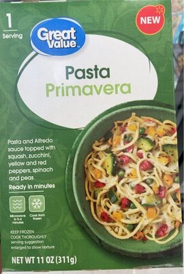 Primavera Pasta And Alfredo Sauce Topped With Squash, Zucchini, Yellow And Red Peppers, Spinach And Peas, Primavera