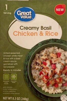 Creamy Basil Grilled Seasoned Chicken White Meat & Rice With A Basil Cream Sauce, Garnished With Red Pepper Chicken & Rice, Creamy Basil