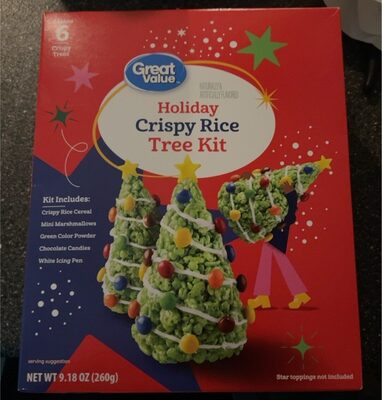 Crispy Rice Tree Kit - Crispy Rice Cereal, Mini Marshmallows, Green Color Powder, Chocolate Candies, White Icing Pen, Crispy Rice Tree