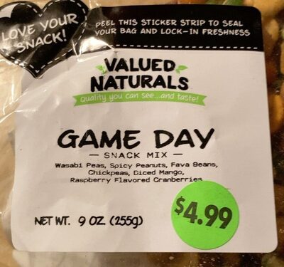 Game Day Wasabi Peas, Spicy Peanuts, Fava Beans, Chickpeas, Diced Mango, Raspberry Flavored Cranberries Snack Mix, Game Day