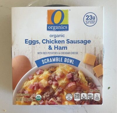Organic Eggs, Chicken Sausage & Ham With Red Potatoes & Cheddar Cheese Scramble Bowl, Eggs, Chicken Sausage & Ham