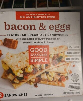 Bacon & Eggs With Scrambled Cage-Free Eggs, Uncured Bacon, Roasted Potatoes & Cheese Flatbread Breakfast Sandwiches, Bacon & Eggs